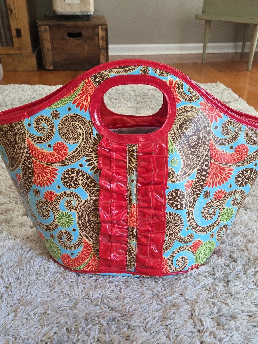 Bright Paisley Tote with Red Trim and Ruffle Detail